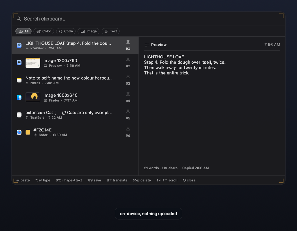 The Frisket clipboard panel showing the text recognized from a copied image as the new top clip.