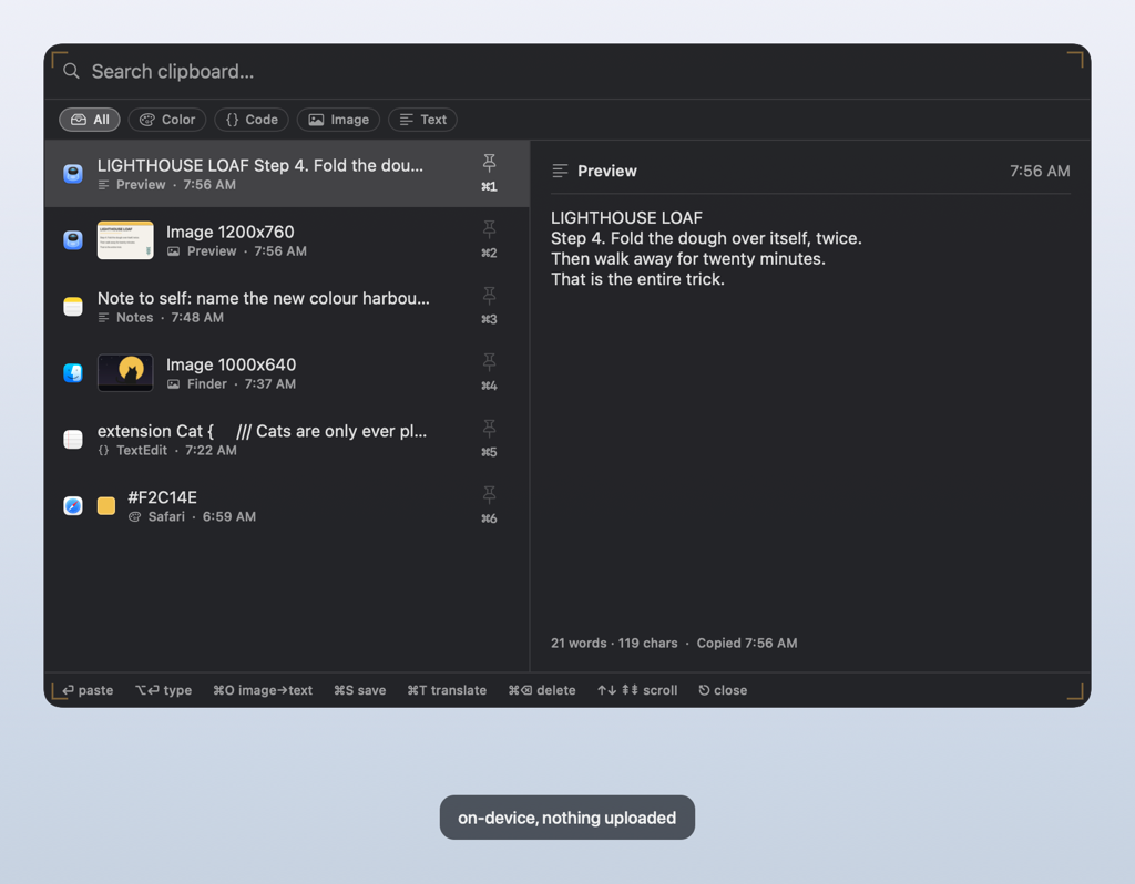 The Frisket clipboard panel showing the text recognized from a copied image as the new top clip.