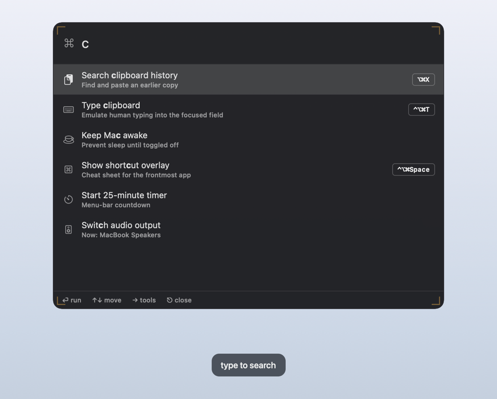The Frisket command palette with the letter c typed, listing six matching commands with their keyboard shortcuts.