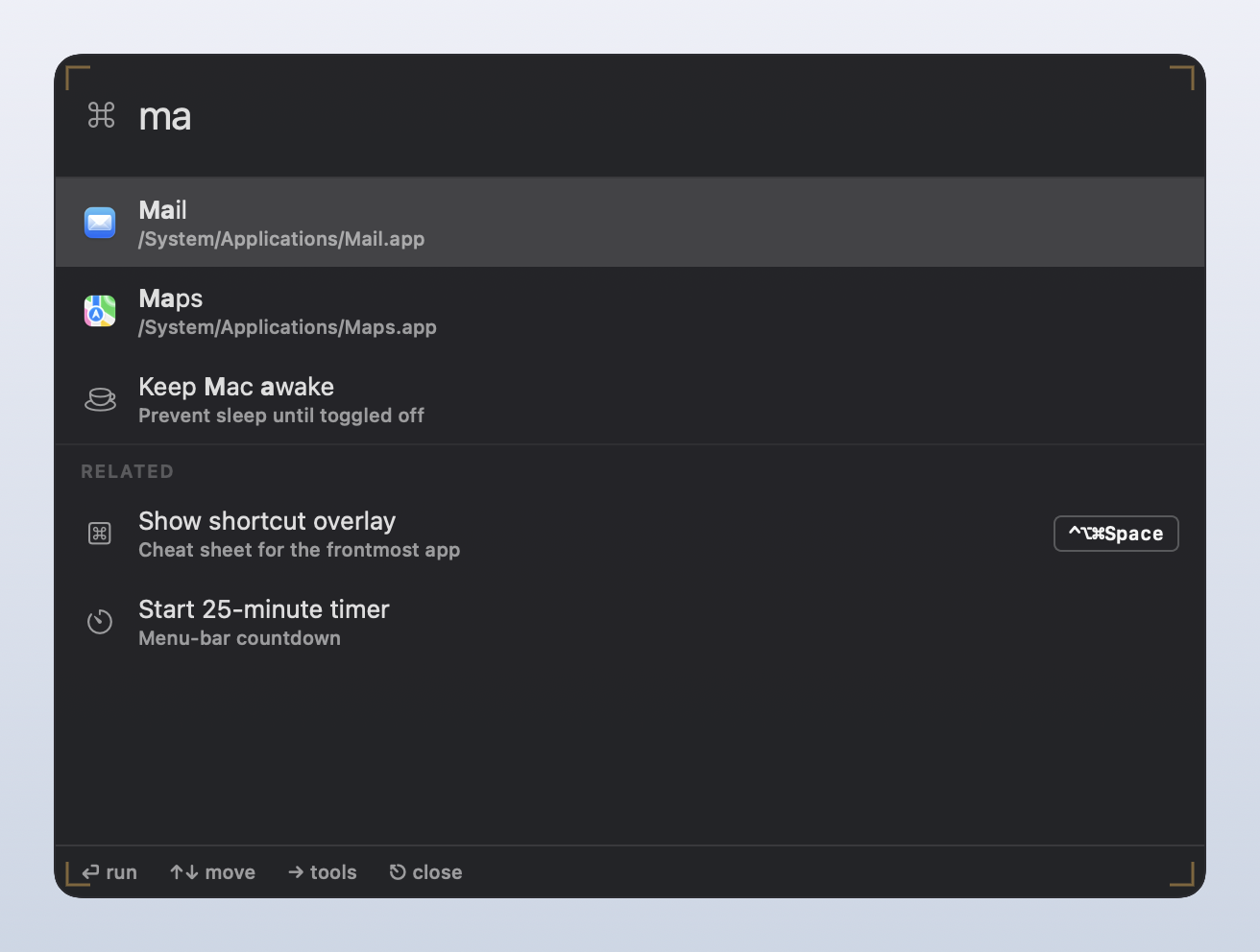 The Frisket command palette open over the desktop, showing a search for the letters m a with results for Mail, Maps, and a Keep Mac awake toggle, plus related actions for the shortcut overlay and a 25-minute timer.