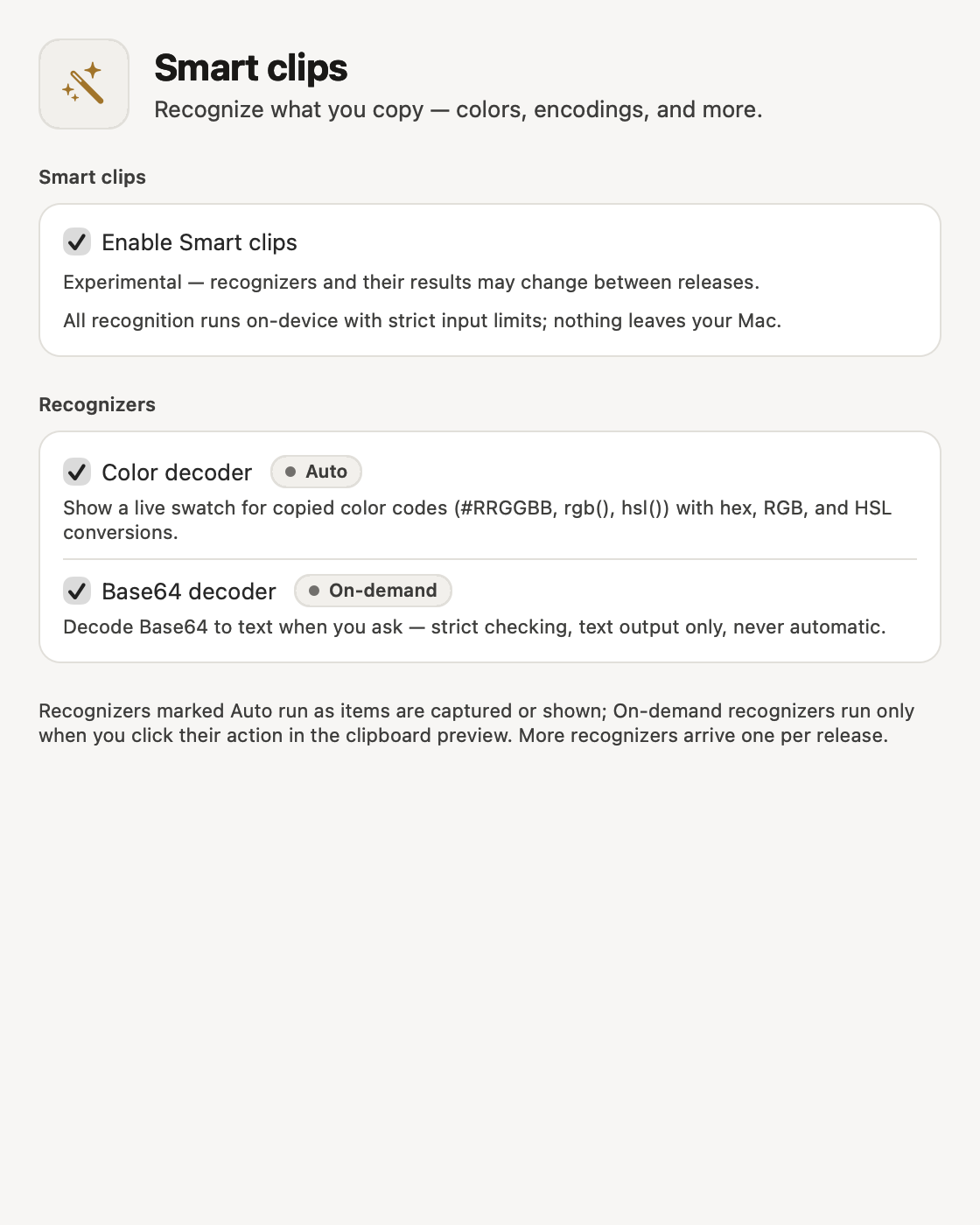 Frisket's Smart clips settings pane, with an enable switch marked experimental and two recognizers: a colour decoder set to Auto and a Base64 decoder set to On-demand.